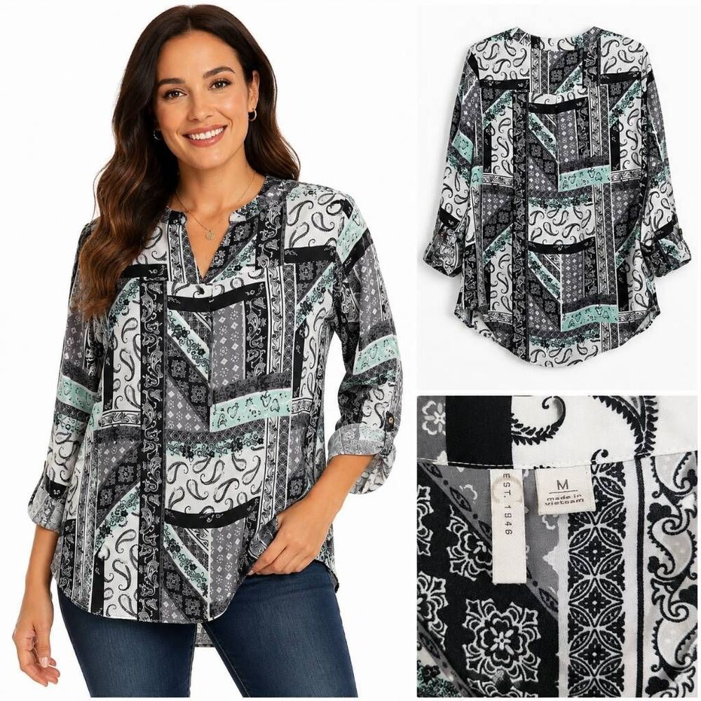 East 5th Patchwork Blouse Black White M